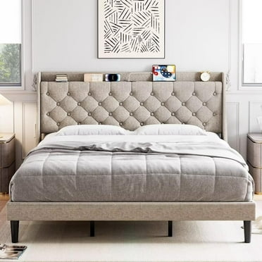 Garvee King Size Bed Frame with Charging Ports & Storage Shelf, Upholstered Wingback Headboard, No Box Spring Needed, Easy Assembly, Light Gray