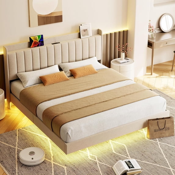 Garvee King Size Floating Bed Frame with LED Lights, Upholstered Platform Bed with Charging Station & Storage Headboard, No Box Spring Needed, Beige