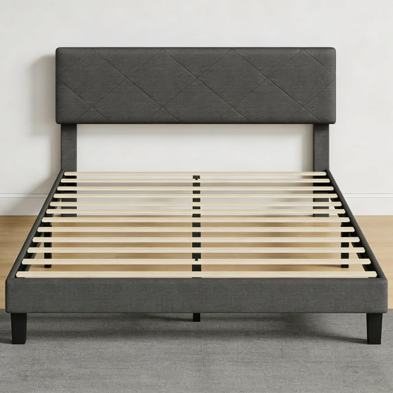 Garvee King Size Platform Bed Frame with Upholstered Headboard, King Size Bed Frame with Wooden Slat Support for Home Office, Easy Assembly Platform Bed, No Box Spring Needed & Noise Free, Gray