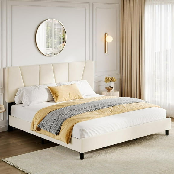 Garvee King Size Upholstered Bed Frame, Adjustable Velvet Headboard, Platform Bed with Wooden Slats, No Box Spring Needed, Beige