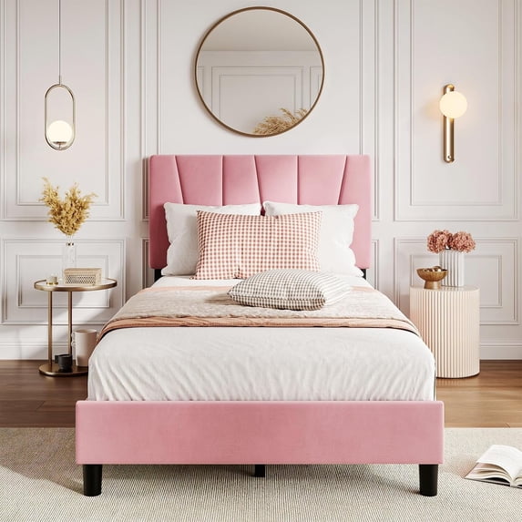 GarveeHome Twin Size Upholstered Bed Frame, Adjustable Velvet Headboard, Platform Bed with Wooden Slats, No Box Spring Needed, Pink