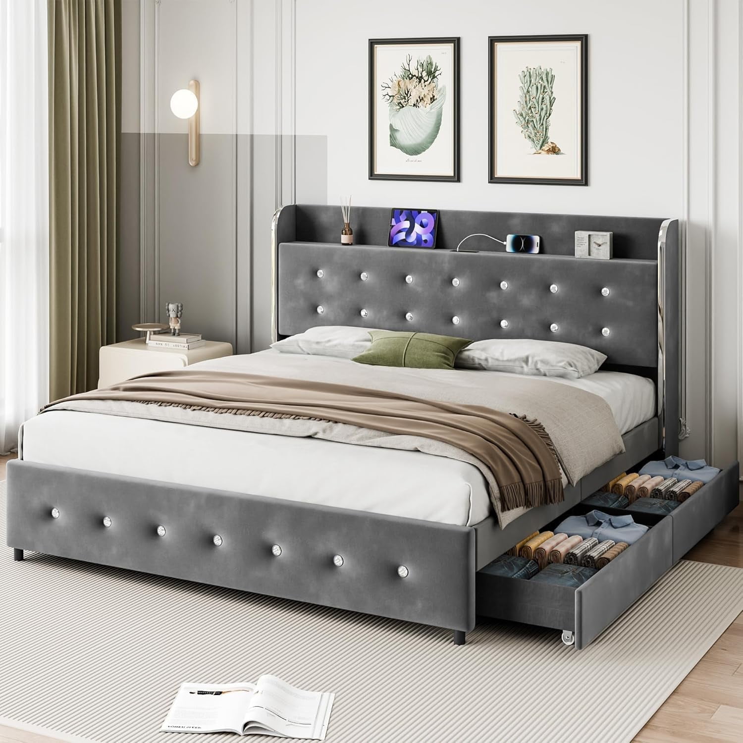 Garvee King Bed Frame with 4 Storage Drawers & Charging Station, Velvet ...