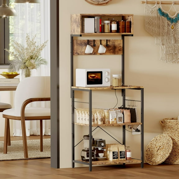Garvee Kitchen Baker Rack, 4-Tier Kitchen Storage Shelf Rack with 10 Hooks, Industrial Microwave Stand with Power Outlet, Standing Coffee Bar Table for Pots and Pans, Brown