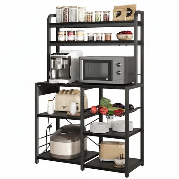 Garvee Kitchen Baker Rack with 2 Power Outlets, 6 Tier Storage Shelf, 35.4 x 15.7 x 59.1", Black