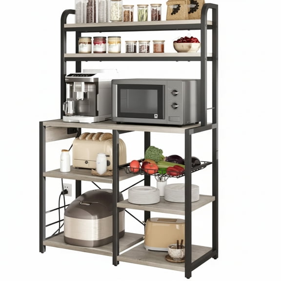 Garvee Kitchen Baker Rack with 2 Power Outlets, 6 Tier Storage Shelf, 35.4 x 15.7 x 59.1", Gray
