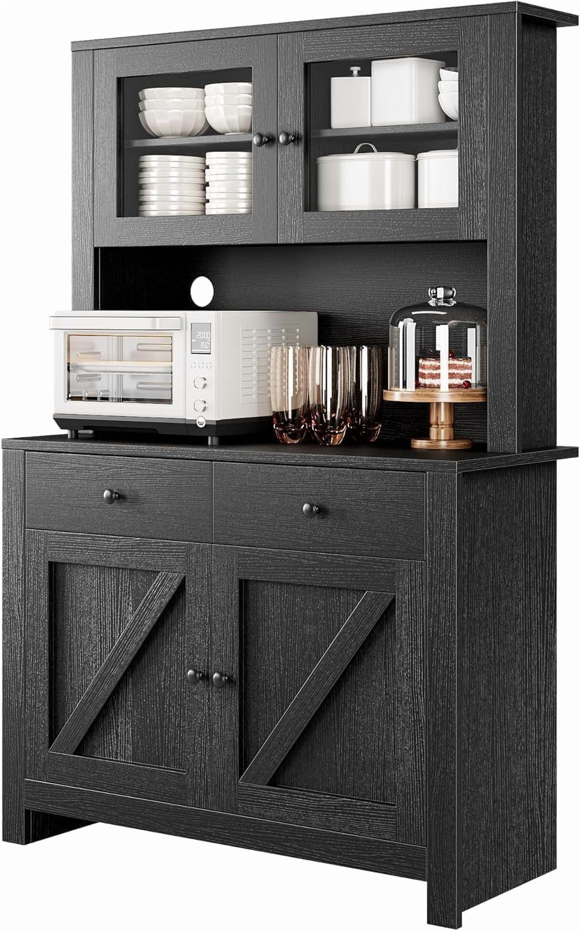 Garvee Kitchen Pantry Cabinet with Microwave Stand, Freestanding Hutch with Buffet Storage, Tall Adjustable Shelves, Black