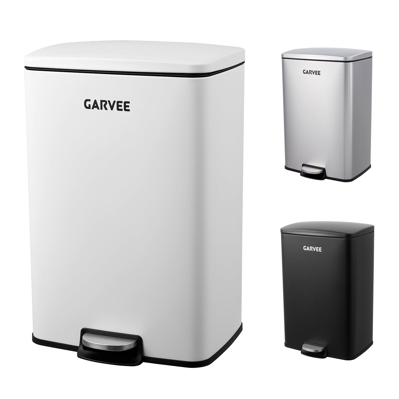 Garvee Kitchen Trash Can, 13 Gal / 50 L Stainless Steel Large Garbage Can with Quiet Soft-Close Lid, Step-on Kitchen Metal Trash Bin with Removable Inner Bucket for Living Room Office Garage,White
