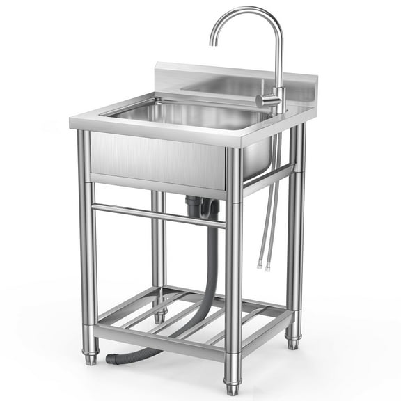 Garvee Kitchen Utility Sink Stainless Steel Commercial Restaurant Sinks Free Standing Single Bowl Workstation with Faucet Hose Drain Strainer Legs for Shop Farm Stable Hotel Laundry Room Backyard
