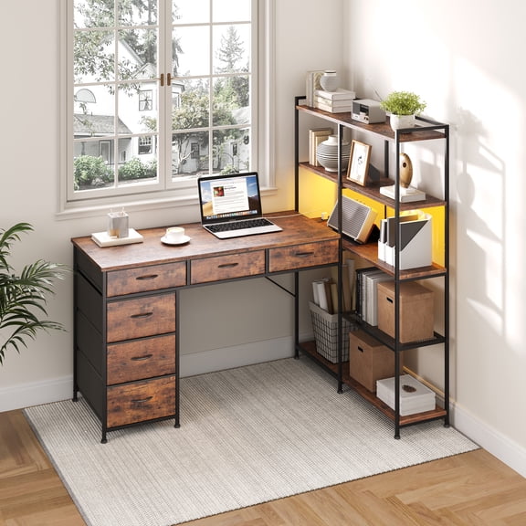 Garvee L-Shaped Computer Desk with 6 Drawers and Multi-Tier Shelves, Iron & Wood Writing Desk