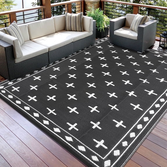 Large 9x18 Outdoor Area Rug, Waterproof Plastic Straw Mat with Framed Geometric Design for RV Awning, Patio, Deck, Garden, Camping, Beach and Backyard,Black White