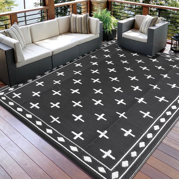 Garvee Large 9x18 Outdoor Area Rug, Waterproof Plastic Straw Mat with Framed Geometric Design for RV Awning, Patio, Deck, Garden, Camping, Beach and Backyard,Black White