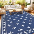 thumbnail image 1 of Large 9x18 Outdoor Area Rug, Waterproof Plastic Straw Mat with Framed Geometric Design for RV Awning, Patio, Deck, Garden, Camping, Beach and Backyard,Dark Blue, 1 of 9