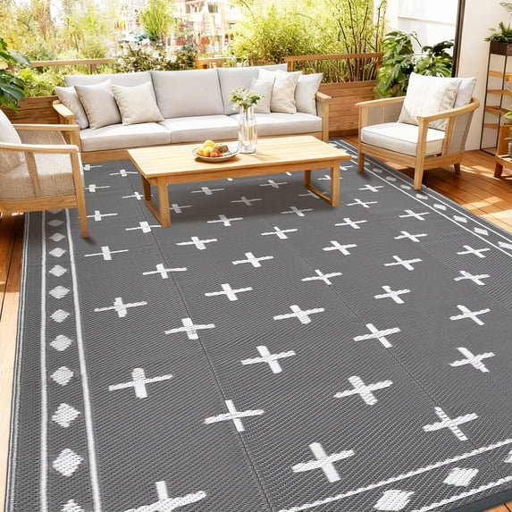 Large 9x18 Outdoor Area Rug, Waterproof Plastic Straw Mat with Framed Geometric Design for RV Awning, Patio, Deck, Garden, Camping, Beach and Backyard,Grey