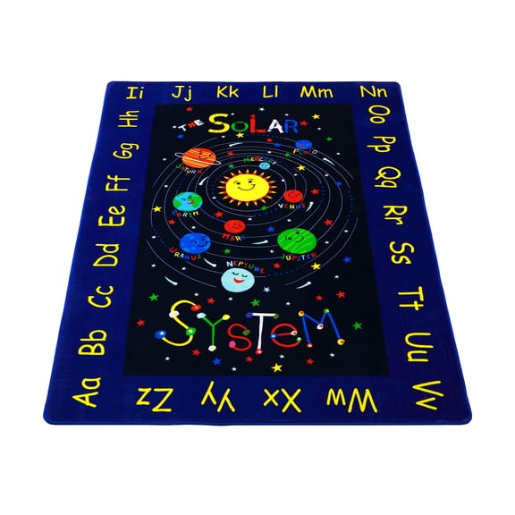 Garvee Large Area Rug 8x10 Galaxy Space Themed Rug Non Slip Low Pile Solar System Rug for Learning ABC Alphabet Soft Washable Planet Kids Play Rug for Classroom Bedroom Nursery Playroom