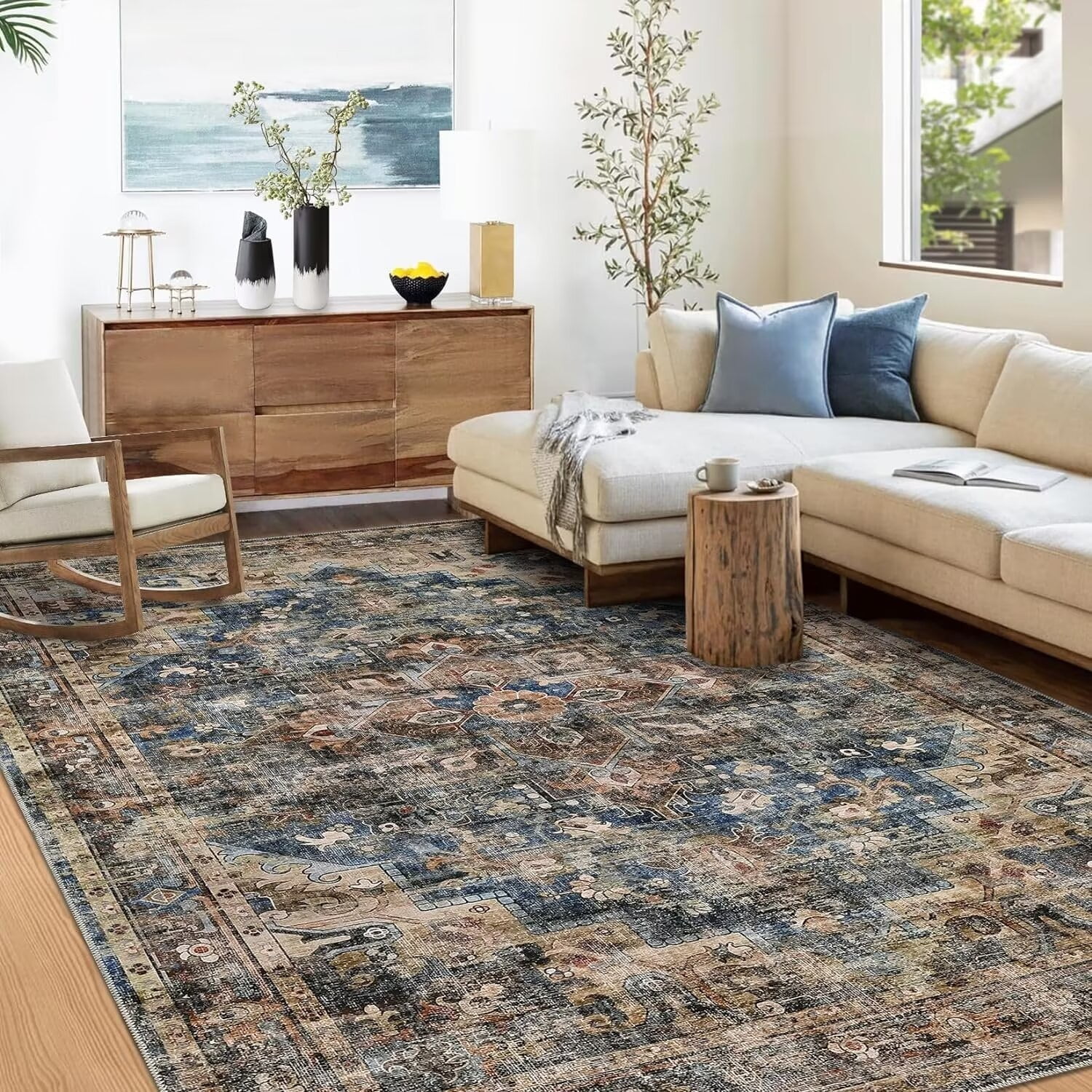 Vintage Blue and Brown Distressed Floral 9' x 12' Chenille Area Rug
