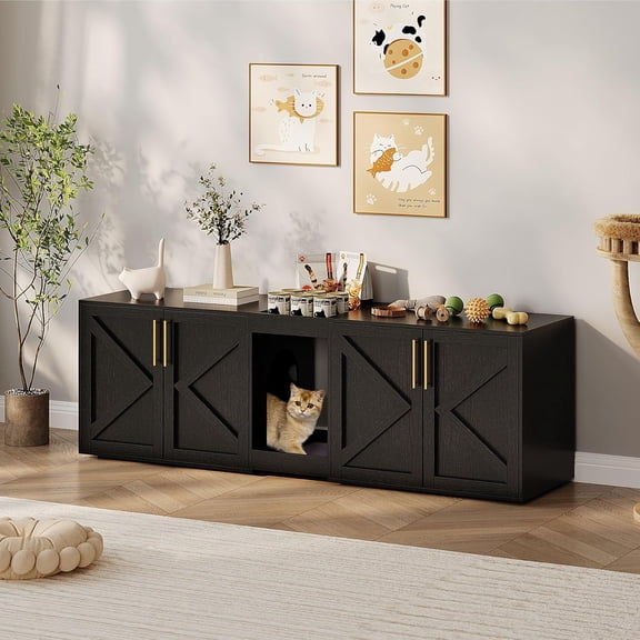 Garvee Large Cat Litter Box Enclosure 55" for 2 Cats, Hidden Cat Litter Box Cabinet Furniture with Double Room, Cushion, and Storage Shelf, Wooden Kitty Litter Box for Home, Black