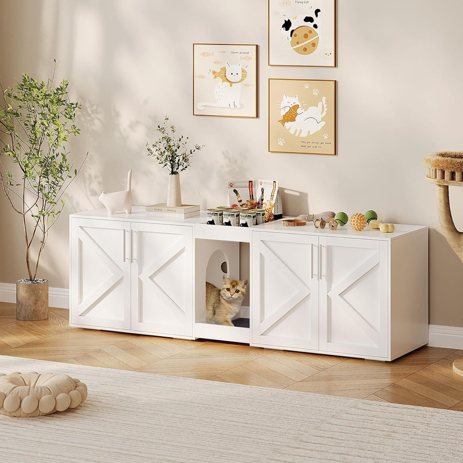 Garvee Large Cat Litter Box Enclosure 55" for 2 Cats, Hidden Cat Litter Box Cabinet Furniture with Double Room, Cushion, and Storage Shelf, Wooden Kitty Litter Box for Home, White