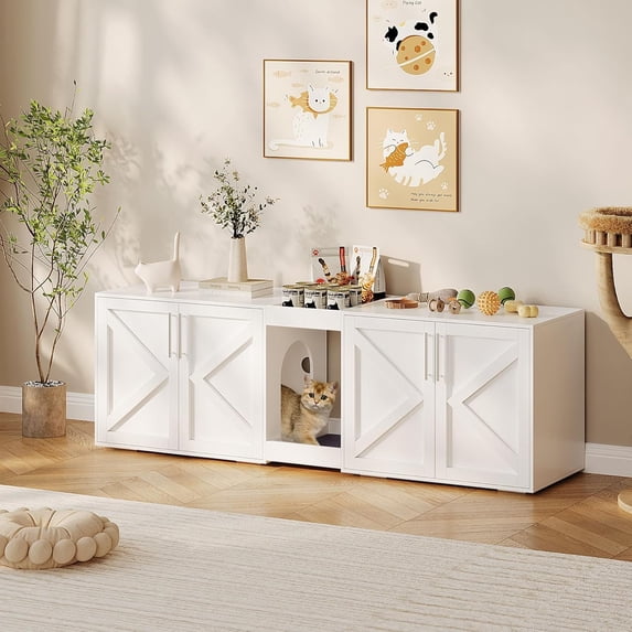 Garvee Large Cat Litter Box Enclosure 55" for 2 Cats, Hidden Cat Litter Box Cabinet Furniture with Double Room, Cushion, and Storage Shelf, Wooden Kitty Litter Box for Home, White