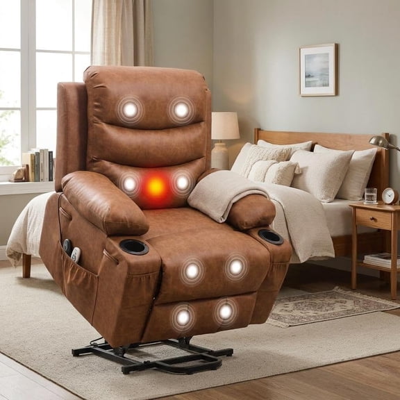 Garvee Large Power Lift Recliner Chair with Heat Massage, Cup Holders for Living Room, Pu Retro Brown