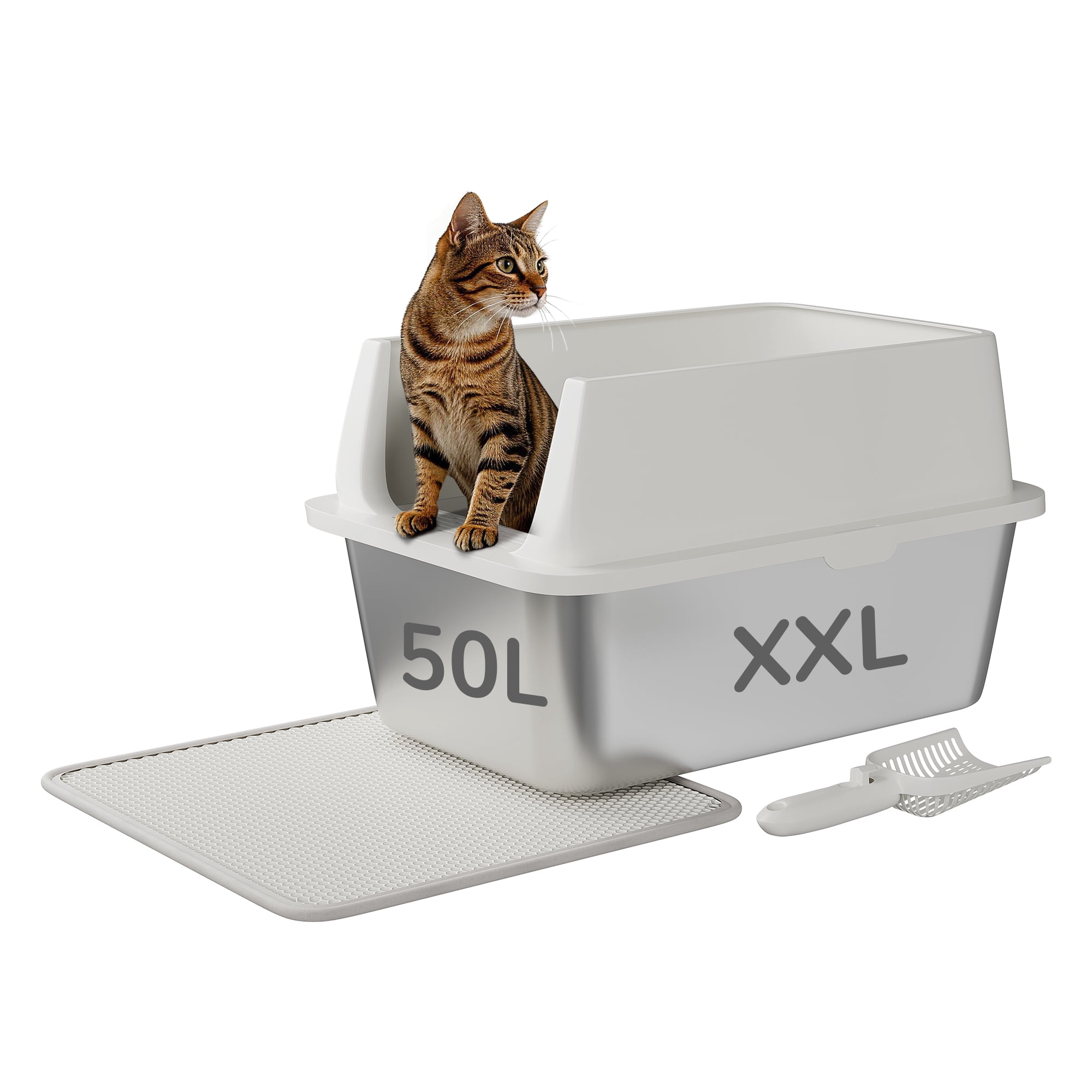Garvee Large Stainless Steel Cat Litter Box with Lid, Enclosed Metal Litter Box for Big Cats, High Sided Anti-Leakage Design with Scoop and Mat, Odor Control with Carbon Filter