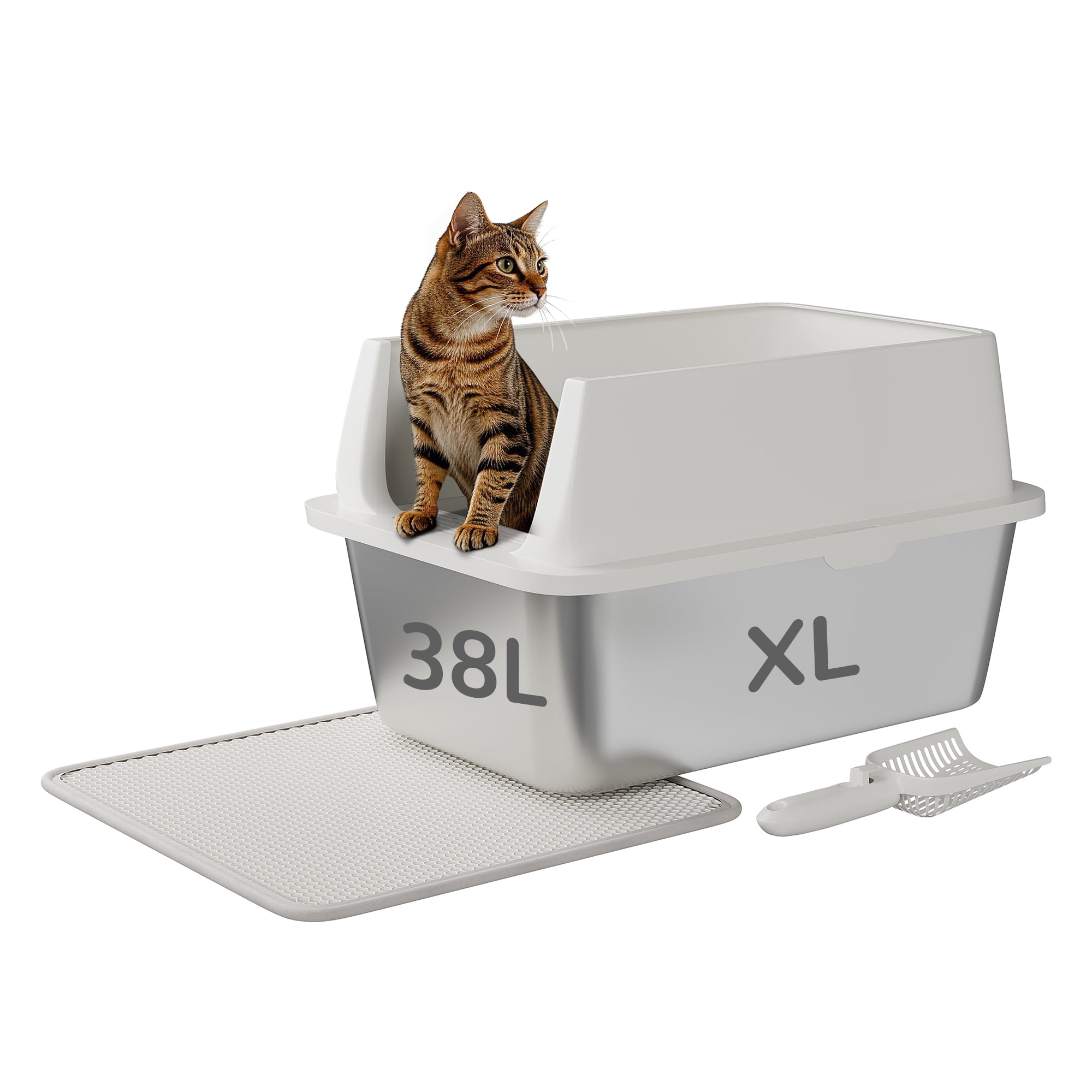 Garvee Large Stainless Steel Cat Litter Box with Lid, Enclosed Metal Litter Box for Big Cats, High Sided Anti-Leakage Design with Scoop and Mat, Odor Control with Carbon Filter