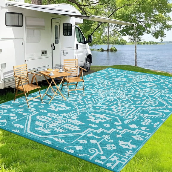 Garvee Large Waterproof Outdoor Rug, 8'x10' Reversible Plastic Straw Patio Rug Vintage Boho Camping Rugs UV-Resistant Outdoor Carpet for RV, Porch Deck Backyard Balcony, Light Blue