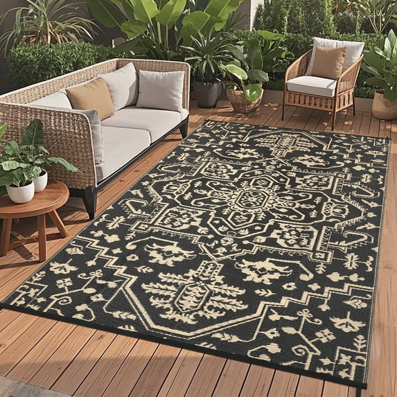 Garvee Large Waterproof Outdoor Rug, 9'x12' Reversible Plastic Straw Patio Rug Vintage Boho Camping Rugs UV-Resistant Outdoor Carpet for RV, Porch Deck Backyard Balcony, Black Coffee