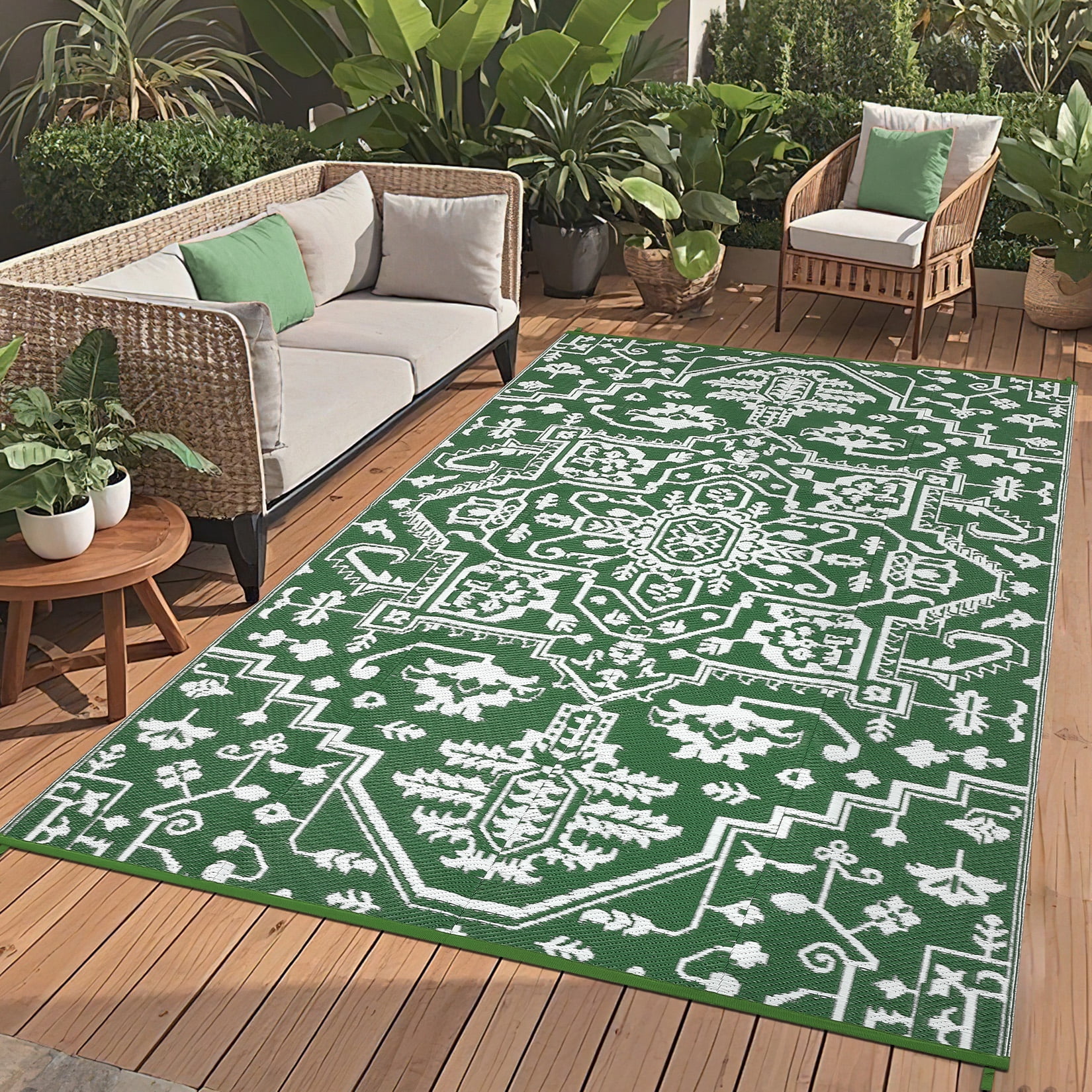 Garvee Large Waterproof Outdoor Rug, 9'x18' Reversible Plastic Straw Patio Rug Vintage Boho Camping Rugs UV-Resistant Outdoor Carpet for RV, Porch Deck Backyard Balcony, Green