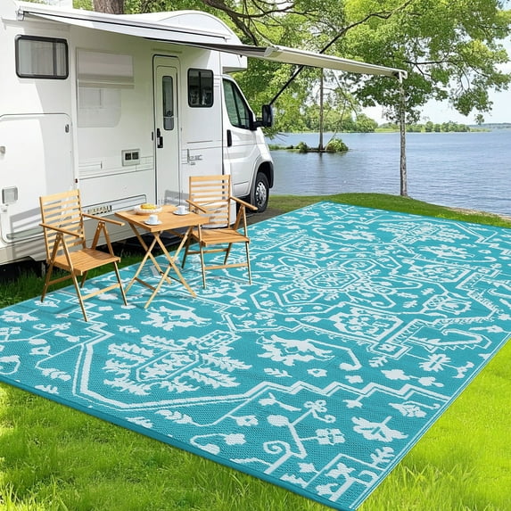 Garvee Large Waterproof Outdoor Rug, 9'x18' Reversible Plastic Straw Patio Rug Vintage Boho Camping Rugs UV-Resistant Outdoor Carpet for RV, Porch Deck Backyard Balcony, Light Blue