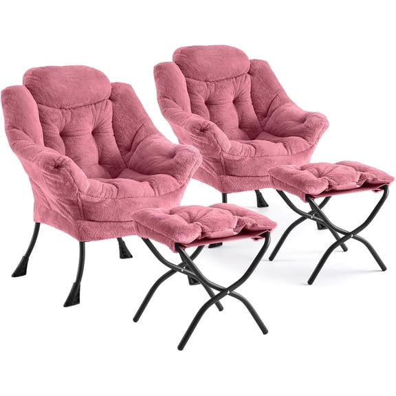 Garvee Lazy Chair with Ottoman, Modern Lounge Accent Chair,Leisure Sofa Armchair with Footrest,Reading Armchair with Side Pocket for Living Room, Bedroom, Dorm & Office (Plush Pink, 2PCS)