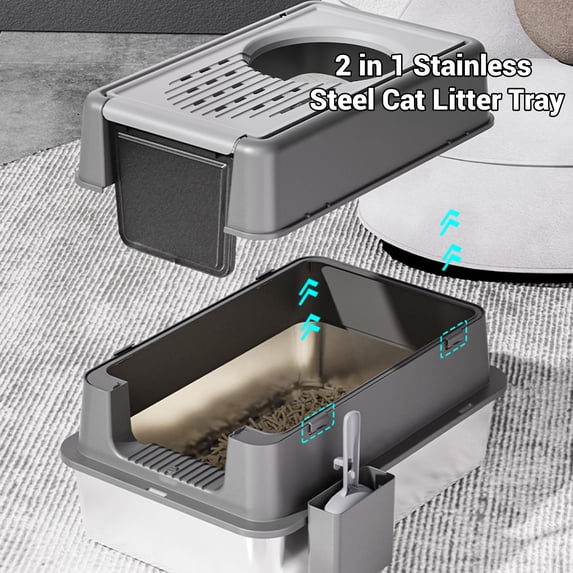 Garvee Leak-Proof 180° Turn Over-Top Large Stainless Steel Cat Litter Box – High-Sided Enclosed Pan – Dual Entry, Odor Control, Easy Clean, Includes Scooper – Big & Multi-Cat Homes, Light Black