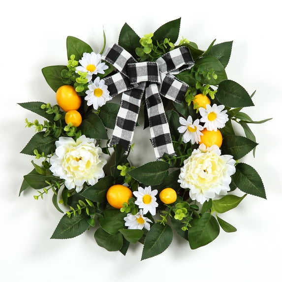 Garvee Lemon Wreath for Front Door, 20 Inch Spring Summer Wreath with Artificial Lemon Peony Flower and Bow, for Farmhouse Home Kitchen Party Wall Window Indoor Outside Decor