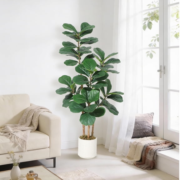 Garvee Lifelike Artificial Fiddle Leaf Fig Tree – Realistic Faux Ficus Lyrata with Natural Wood Trunk & Bendable Glossy Leaves – Decorative Modern White Planter – Low Maintenance Indoor Plant – 4FT