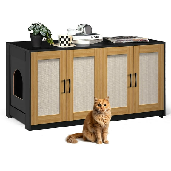 Garvee Litter Box Enclosure for 2 Cats, 47.2" Large Wood Hidden Litter Box Furniture for 2 Boxes with Sisal Doors and Sliding Drawers, Indoor Cat House TV Stand