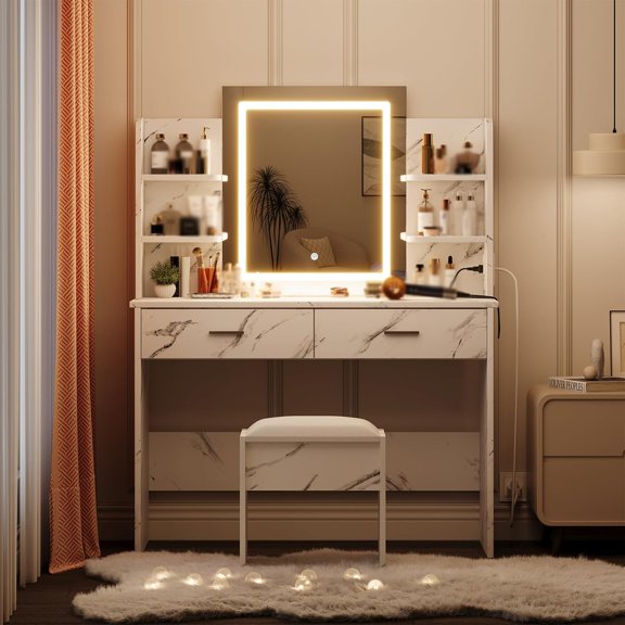 Garvee Marble White Makeup Vanity Desk with Lighted Mirror & Power Outlet – Cushioned Stool, 6 Shelves, 2 Large Drawers, 3 Adjustable Light Colors with Brightness Control
