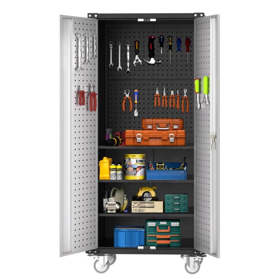 Garvee Metal Cabinet, 72" H Garage Storage Cabinet with Wheels & Pegboard for Home, Office, Silver Black