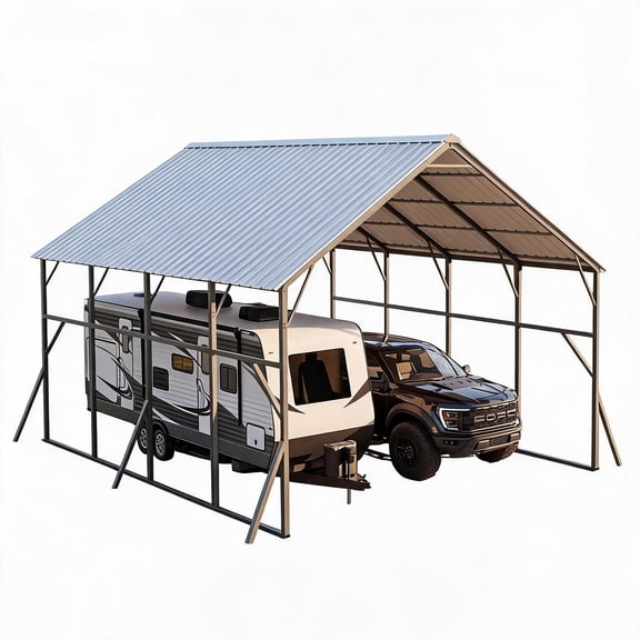 Garvee Metal Carport 19.5 ft x 19.9 ft x 14.42 ft, Vertical Roof , Heavy-Duty for 2 Cars Car Port, Silver & Black
