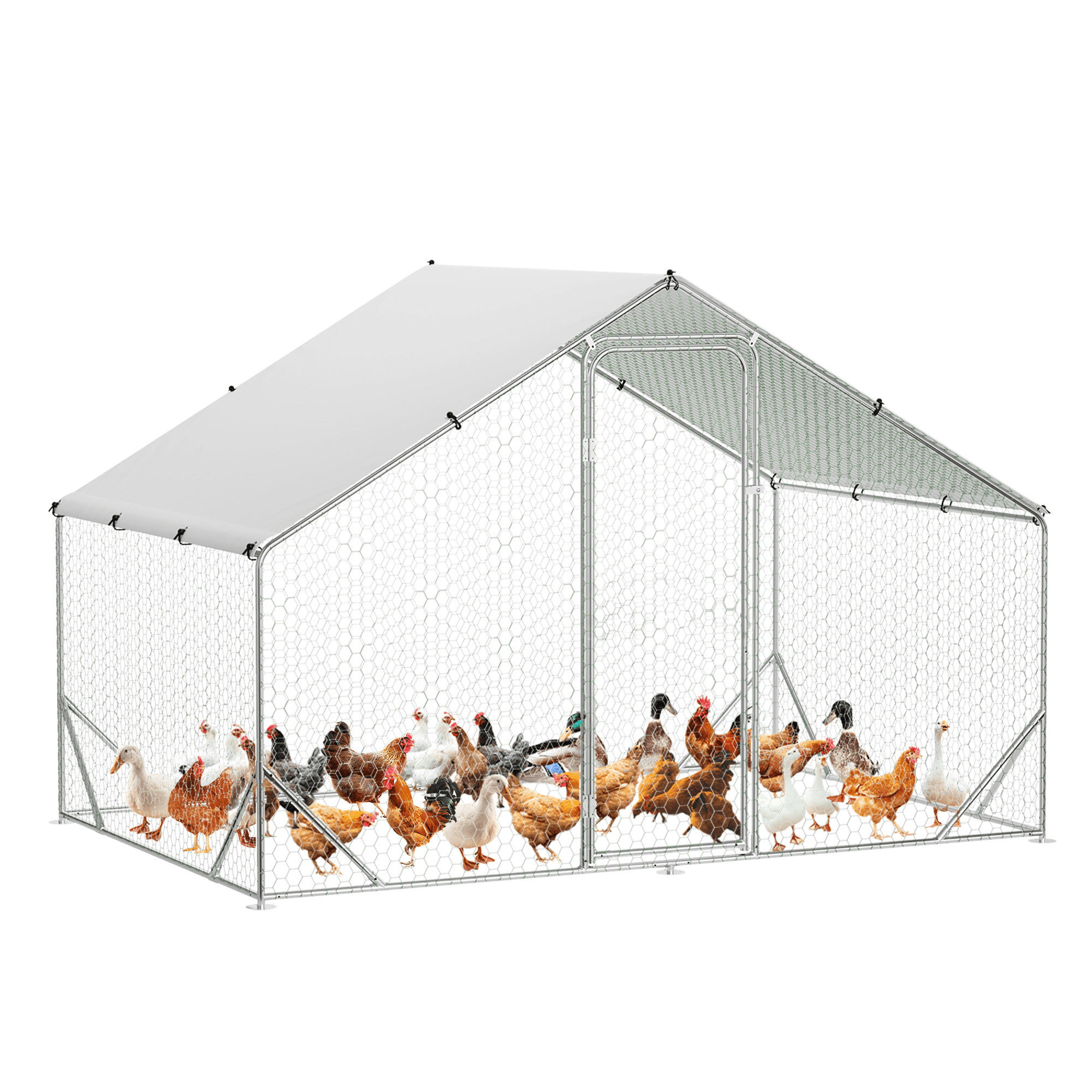 Garvee Metal Chicken Coop, Spire-Roof Poultry Cage with Waterproof and Anti-Ultraviolet Cover for Outside, Galvanized Steel Outdoor Chicken Pen for Backyard Farm Garden and Yard, 9.8x6.5x6.5 Ft