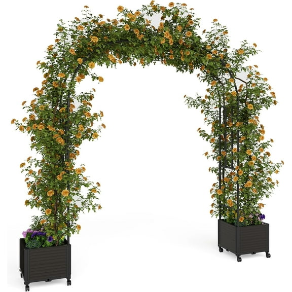 Garvee Metal Garden Arch Trellis for Climbing Plant, 2 Raised Planter Box, 118*15.74*94.5", Black