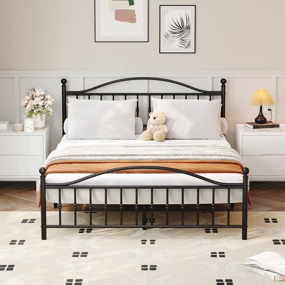 Garvee Metal Platform Bed Frame for Home Office with Vintage Circular Headboard & Footboard - Queen Size - 12.6" Underbed Storage, Heavy Duty, Noise-Free, Easy Assembly - Black, Queen