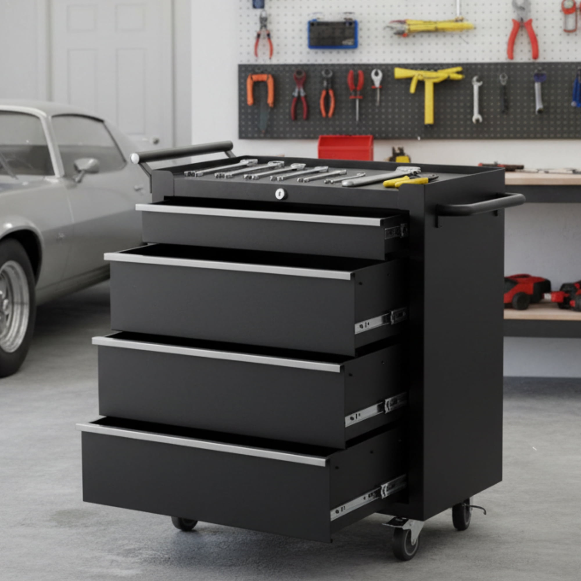 Garvee Metal Tool Box, Portable Tool Chest with Wheels and 4 Drawers for Garage, Workshop, Black