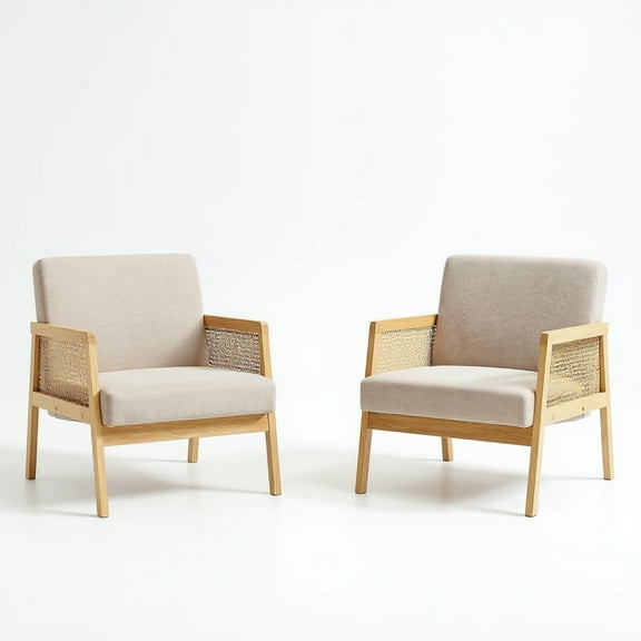 Garvee Mid Century Modern Accent Chairs, Set of 2, Rattan Backrest & Thick Linen Cushion, Beige