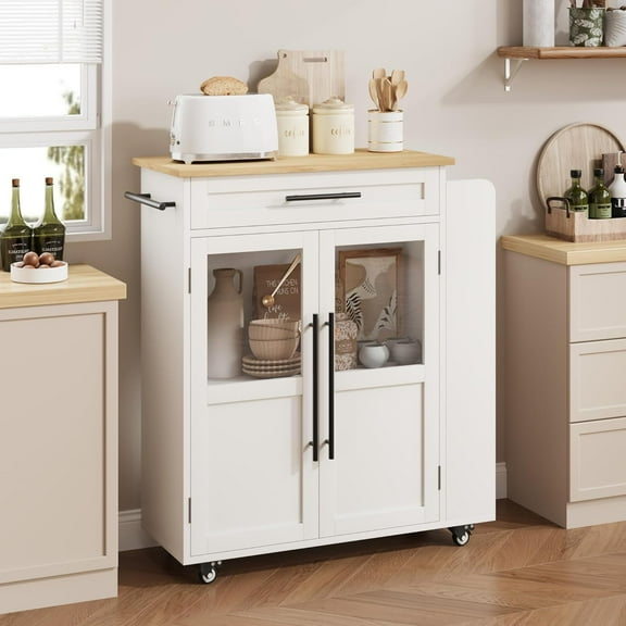 Garvee Mobile Kitchen Island Cart with 360° Rolling Wheels, Drawers, Spice Rack, Black Handle – Versatile Storage & Serving Cart for Kitchen and Dining Room