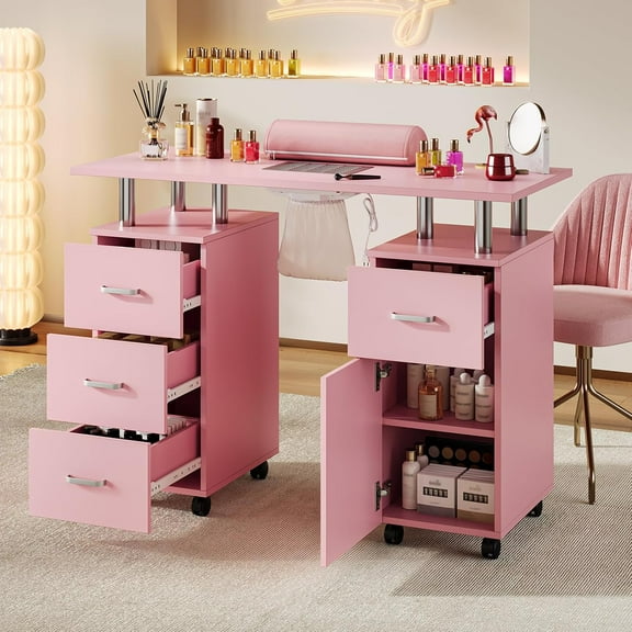 Garvee Mobile Manicure Table - Spacious Storage, Electric Dust Collector, and Comfort, Pink