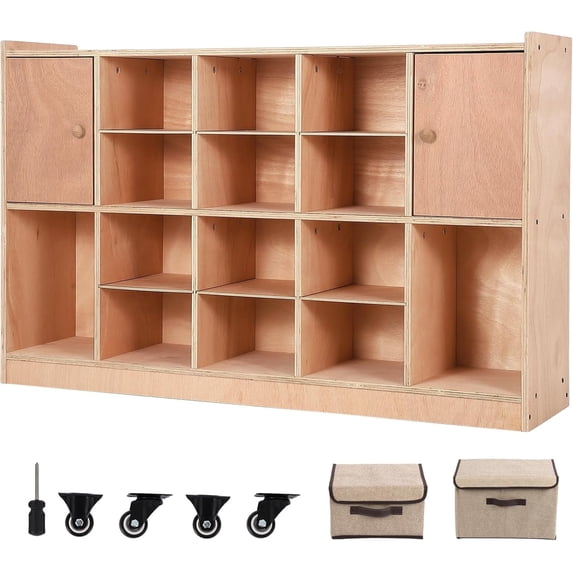 Garvee Mobile Storage Cabinet – 14 Cubbies, 2 Doors, Wall-Mountable, 4 Castors, 2 Anti-Tip Fittings, 2 Storage Boxes – Organizer for Home, Study Room, Daycare, Kindergarten, Office