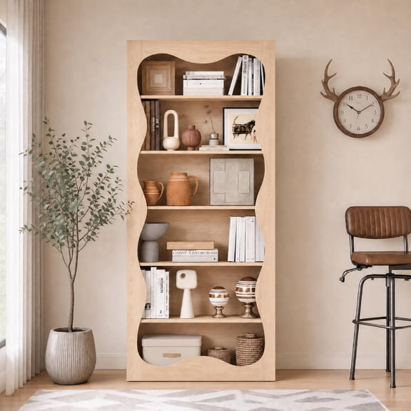Garvee Modern 6-Tier Office Bookshelf with Wavy Scalloped Edge - Freestanding Storage Organizer for Home, Living Room, Bedroom, Library - Large Open Display Shelf - Red Oak