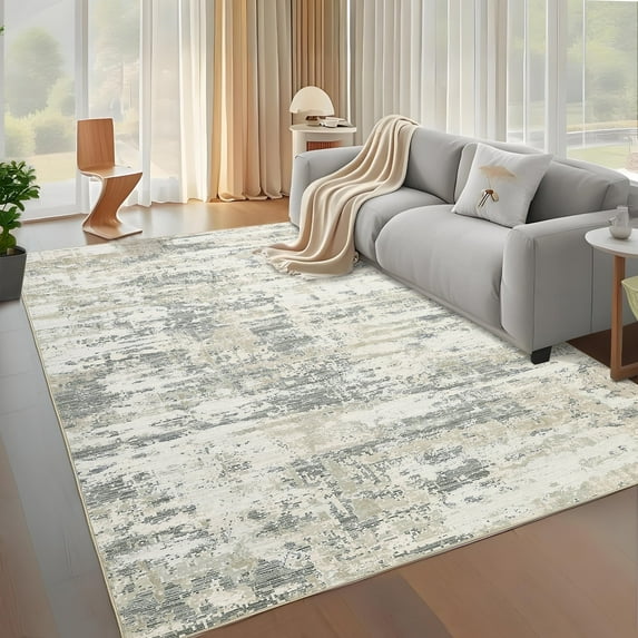 Garvee Modern Abstract Area Rugs, 10'x13' Large Machine Washable Rug Print Pattern Non Slip Floor Carpet, Low Pile Indoor Foldable Rug for Living Room Bedroom Dining Room, Beige