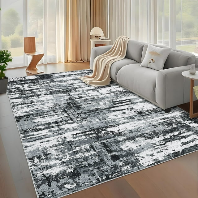 Garvee 8'x10' Modern Abstract Area Rugs, Machine Washable Rug Print Pattern Non Slip Floor Carpet, Low Pile Indoor Foldable Rug for Living Room Bedroom Dining Room, Gray and Black