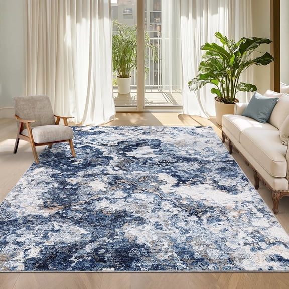 Garvee Modern Abstract Area Rugs for Living Room, 10'x13' Soft Large Washable Rugs Print Pattern Non Slip Floor Carpet, Low Pile Indoor Rug for Bedroom Dining Room, Blue