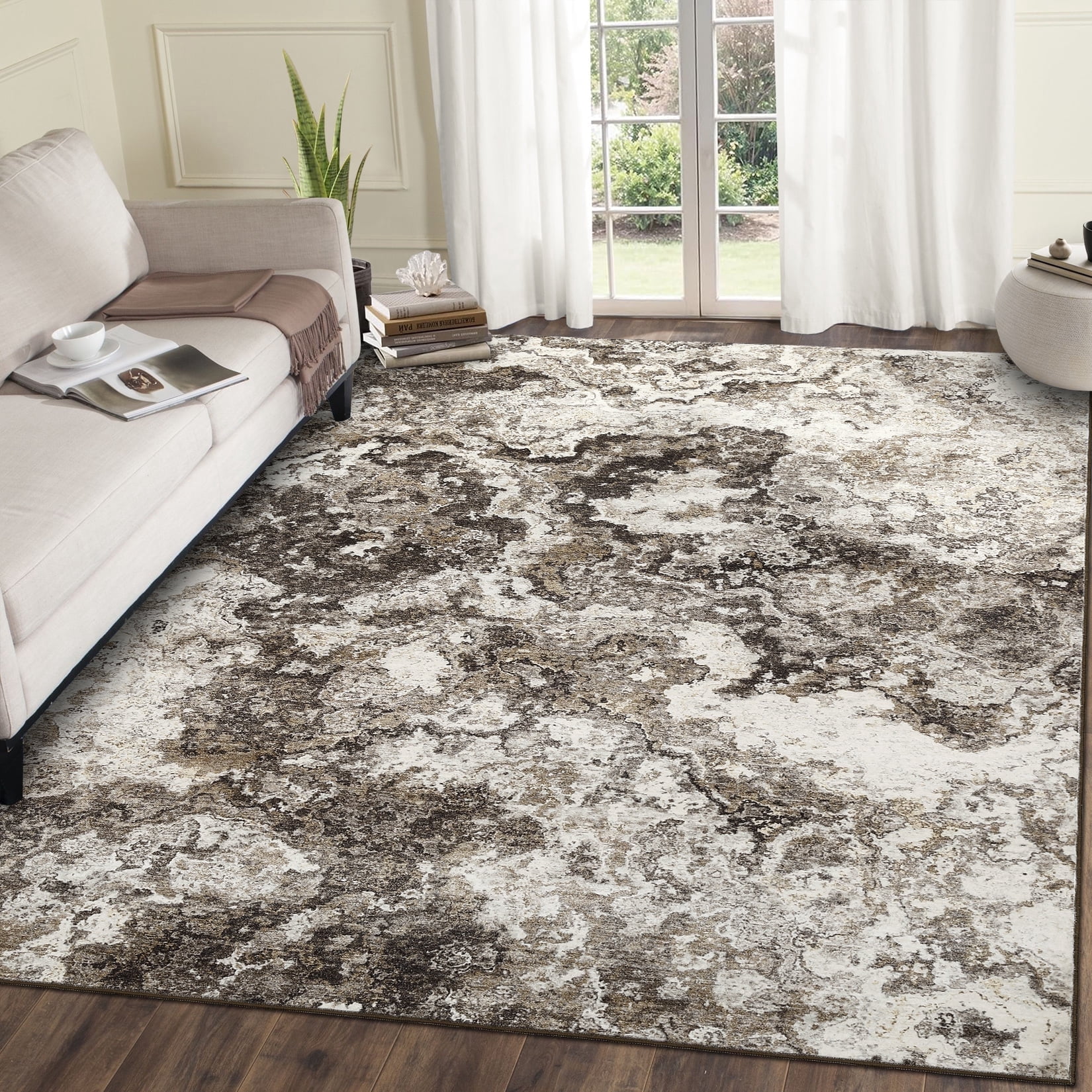 Garvee Modern Abstract Area Rugs for Living Room, 5'x7' Soft Washable Rugs Print Pattern Non Slip Floor Carpet, Low Pile Indoor Rug for Bedroom Dining Room, Brown